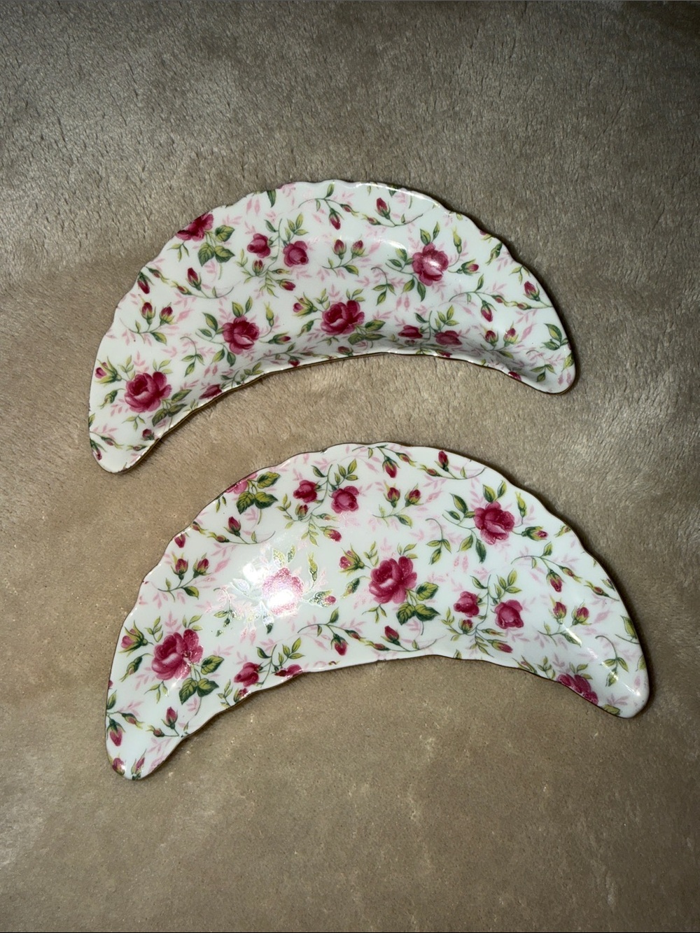 Lefton China Hand painted Rose print Bone Dish 2 pc set